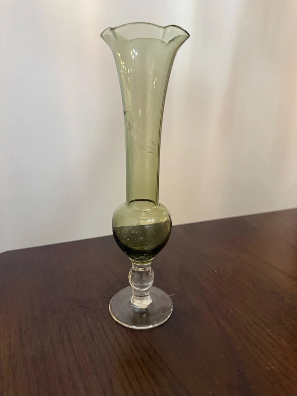 Vintage Olive Green Blown Glass Pedestal Bud Vase Ruffled Edge Etched Cut Flower